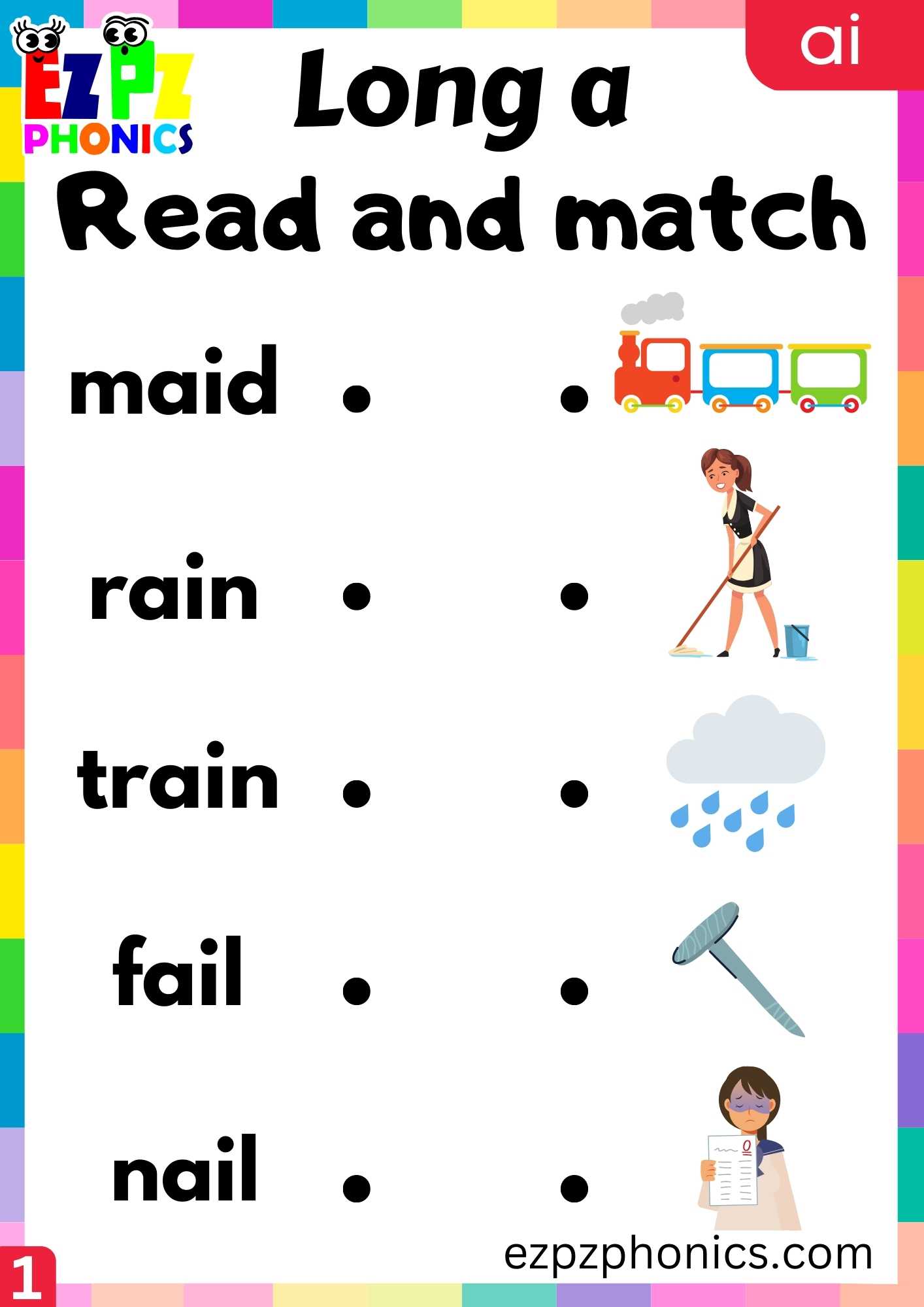 Group1 Ai Words Read And Match Long A Phonics Worksheet